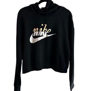 Nike Pullover Light Weight Crop Hoodie Sweatshirt Black Gold Logo Athleisure L